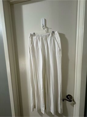 White Linen Elastic-Waist Casual Pants